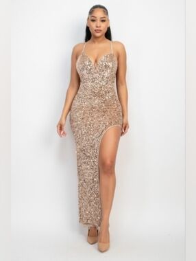Sequined Champagne Spaghetti-Strap Prom Dress with High Slit